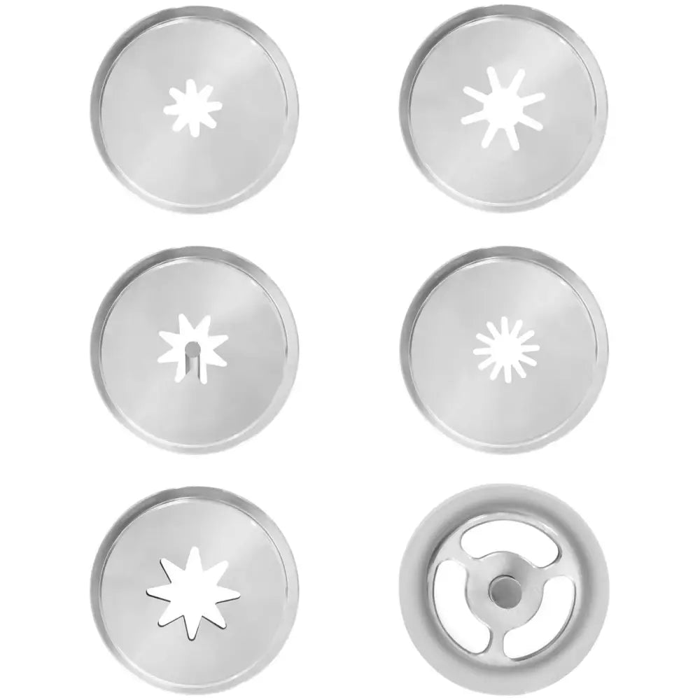 Seks sølvfargede metallskiver med ulike mønstre til churros og donuts dispenser maskin, sett ovenfra.