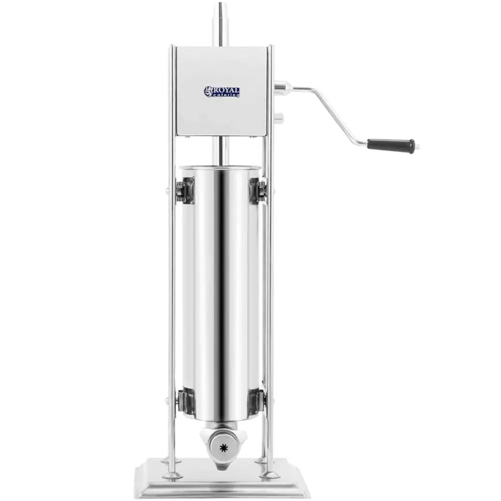 Churros og donuts dispenser maskin, frontbilde av rustfritt stålmodell med synlig håndtak og sylinderbeholder.