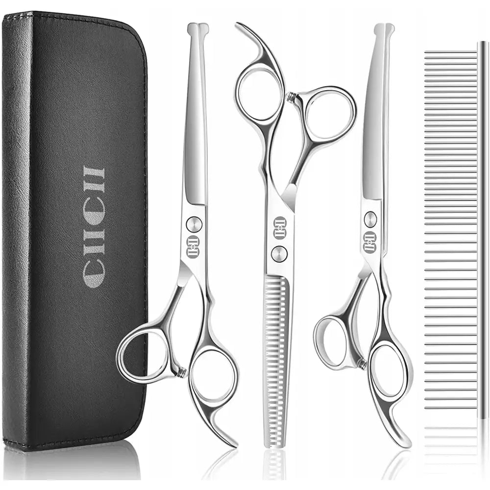 Ciicii profesjonelle hundeklippesakser, tre sølvfargede sakser og metallkam i sort etui med logo.