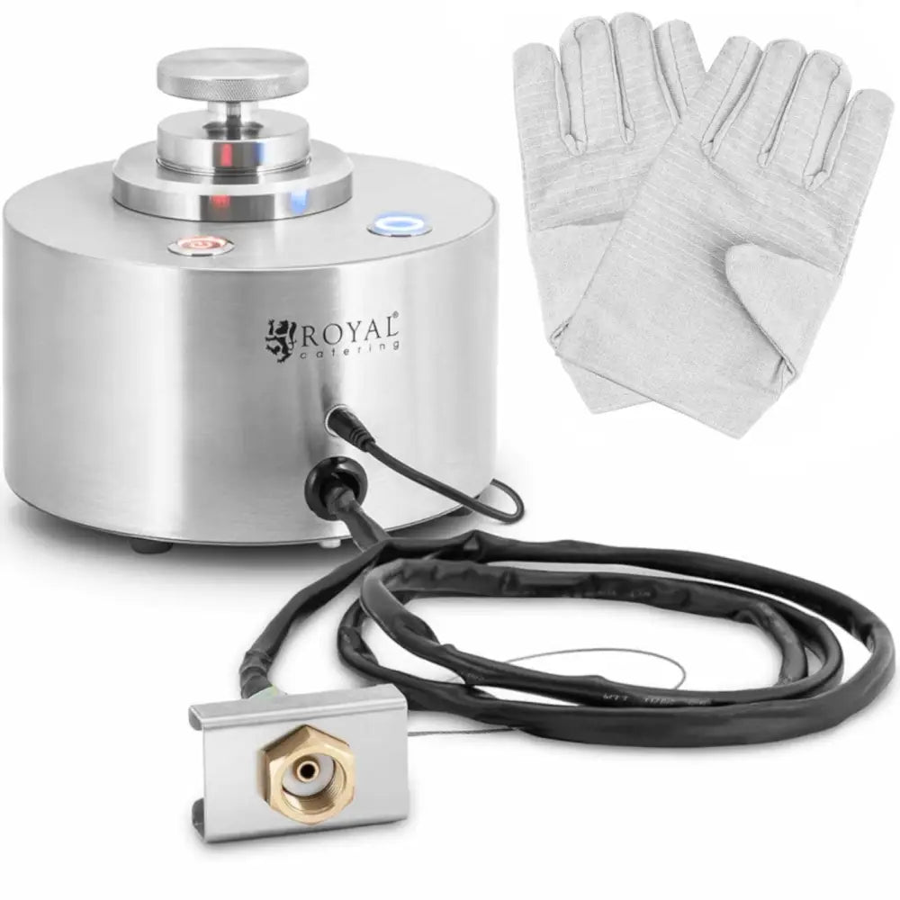 CO2 dyp frysebunnsemaker i børstet metall med to opplyste knapper, ledning og grå hansker ved siden av.