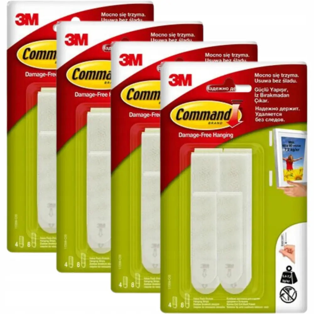 Command strips sett for bildeoppheng, fire pakker i original 3M-emballasje med rød og gul design.