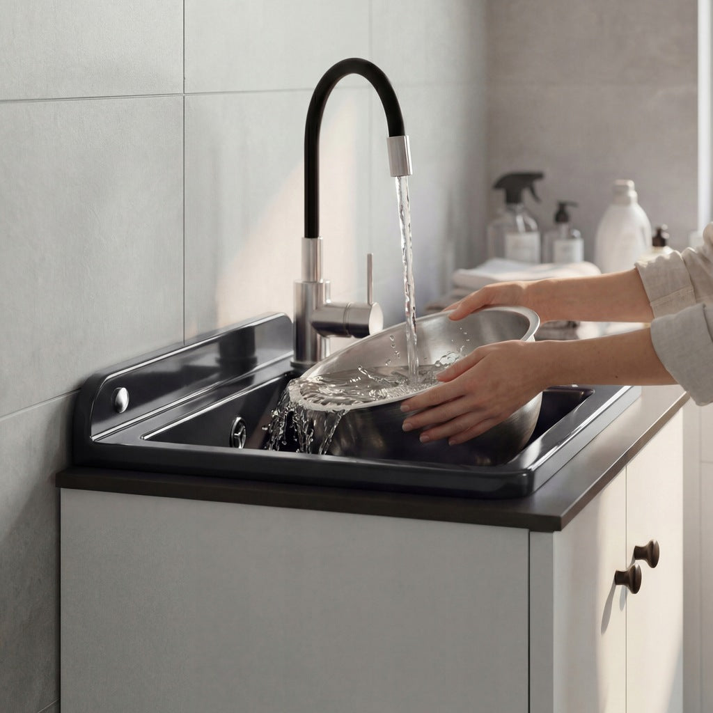 Compact Svart utslagsvask sort kum hvitt skap med fleksibel kran – kum sett ovenfra