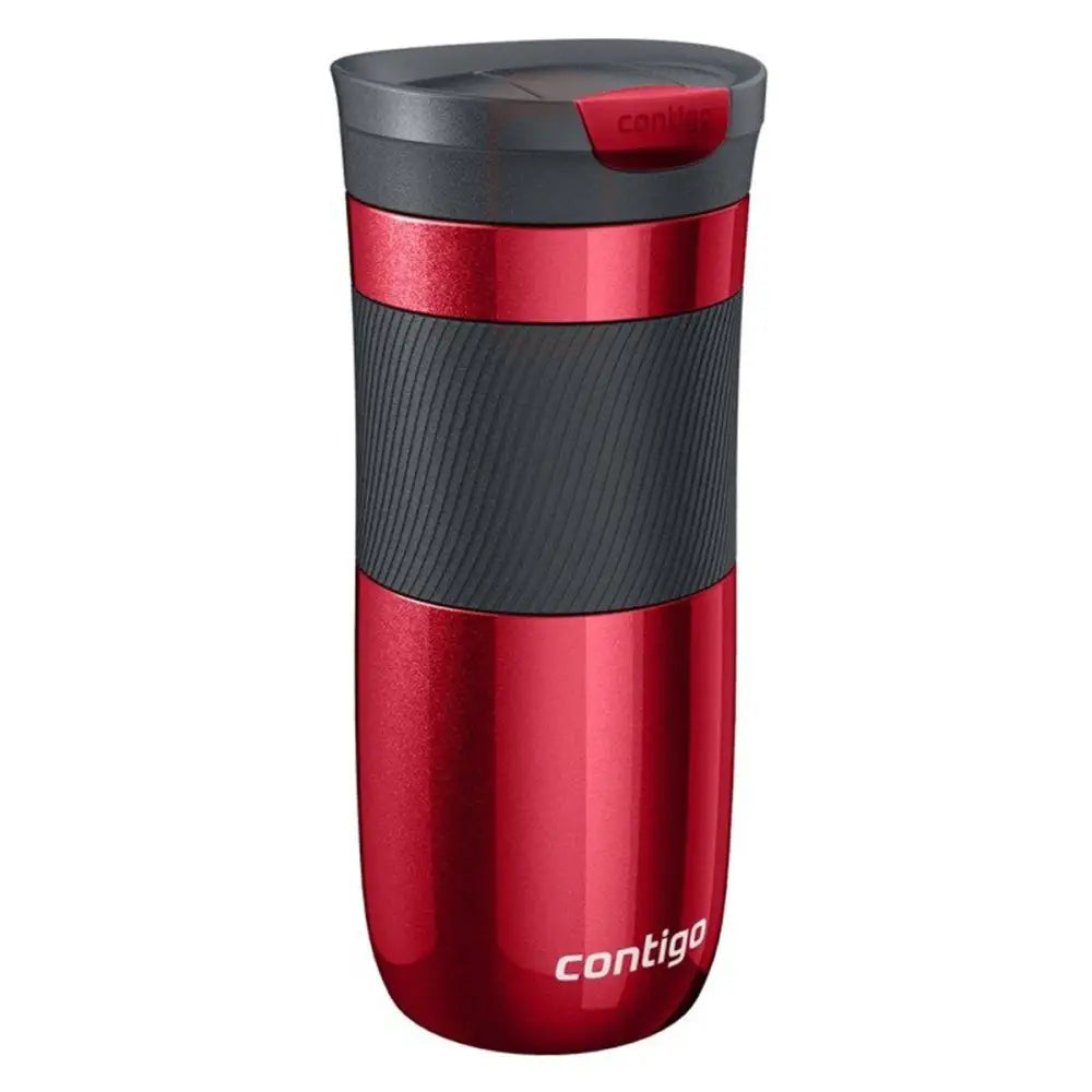 Contigo Byron termokopp 470ml i rød metall, sort rillet gummigrep og grått lokk med rød knapp, frontvisning.