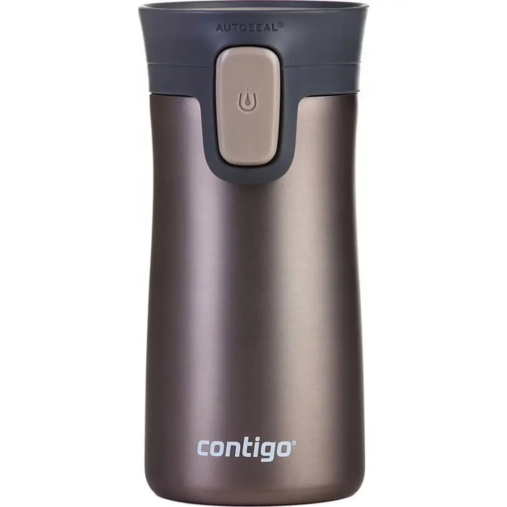 Contigo Pinnacle termokopp 300ml i matt brun, sett forfra med grått lokk og beige knapp på hvit bakgrunn.