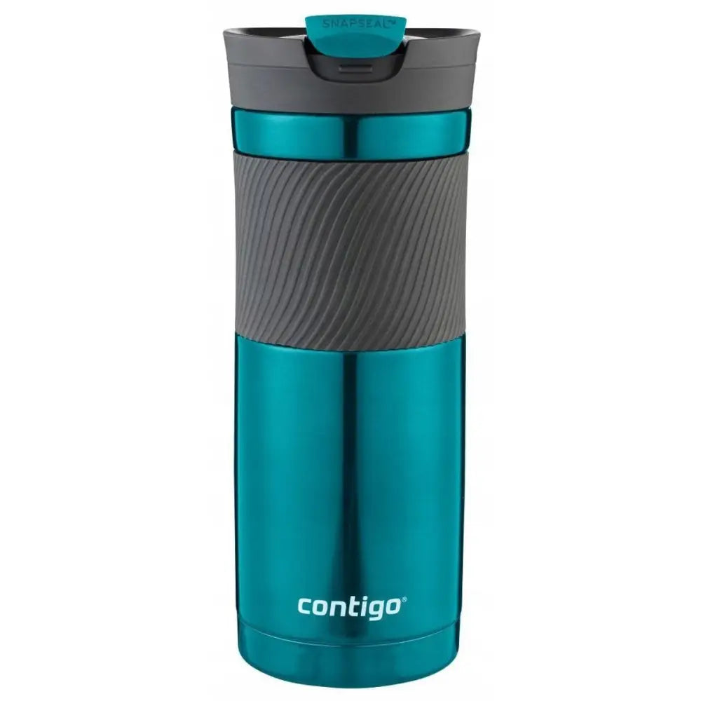 Contigo termokopp Byron 470ml i turkis, frontvisning med grått gummigrep og turkis detalj på lokket.