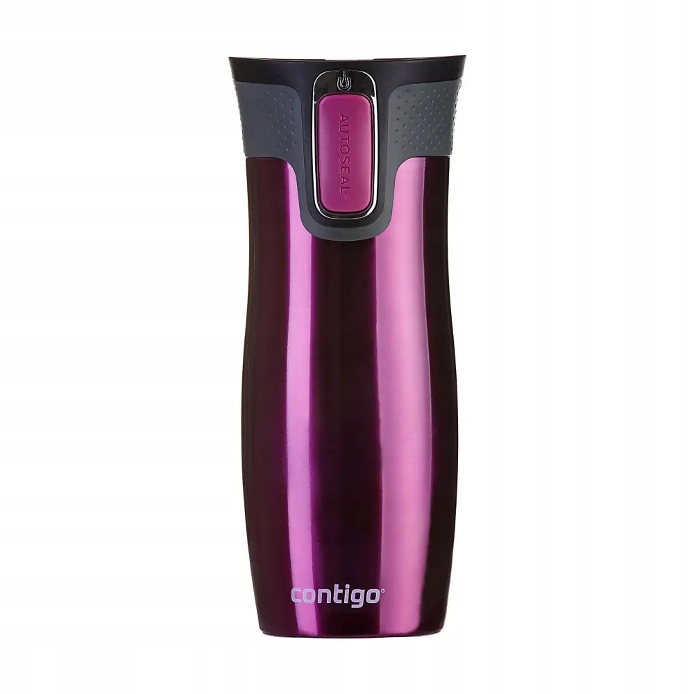 Contigo West Loop 20 termokopp i blank lilla metall med svart lokk, synlig autoseal-knapp og grå detaljer.