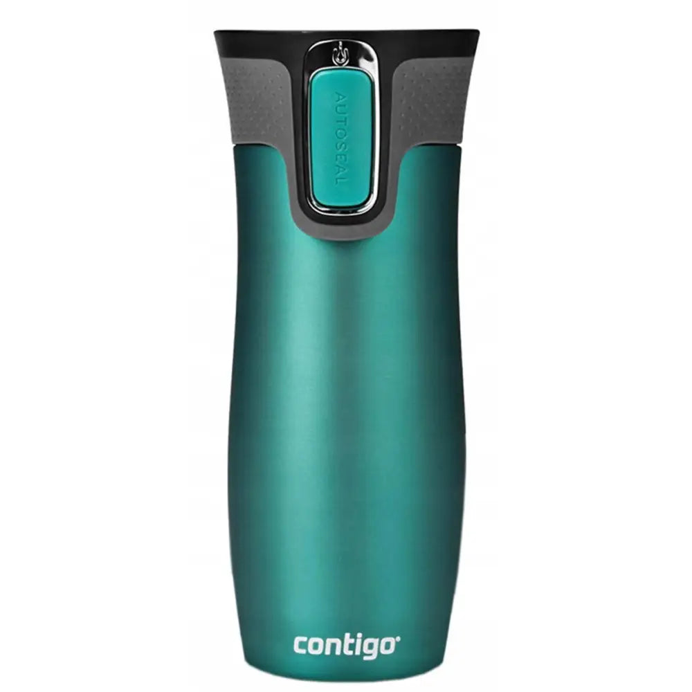 Contigo West Loop Biscay Bay termokopp 470ml, turkis metall, sort og grått lokk med AUTOSPOUT-knapp.