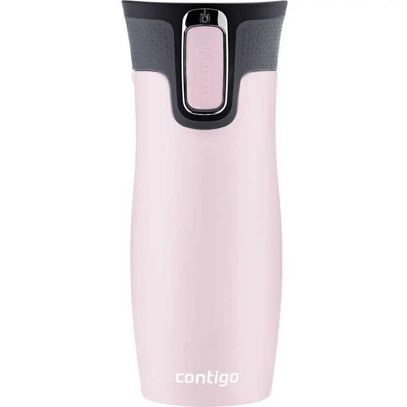 Contigo West Loop termokopp 470ml i lys rosa, sett forfra med svart trykknapplokk og gripevennlige riller.