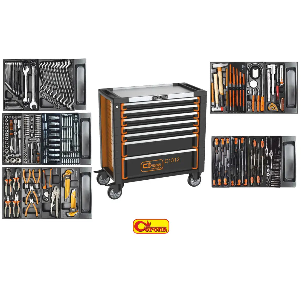 Corona verktøyvogn med seks åpne skuffer, viser sorterte håndverktøy i oransje og sort skuminnlegg.
