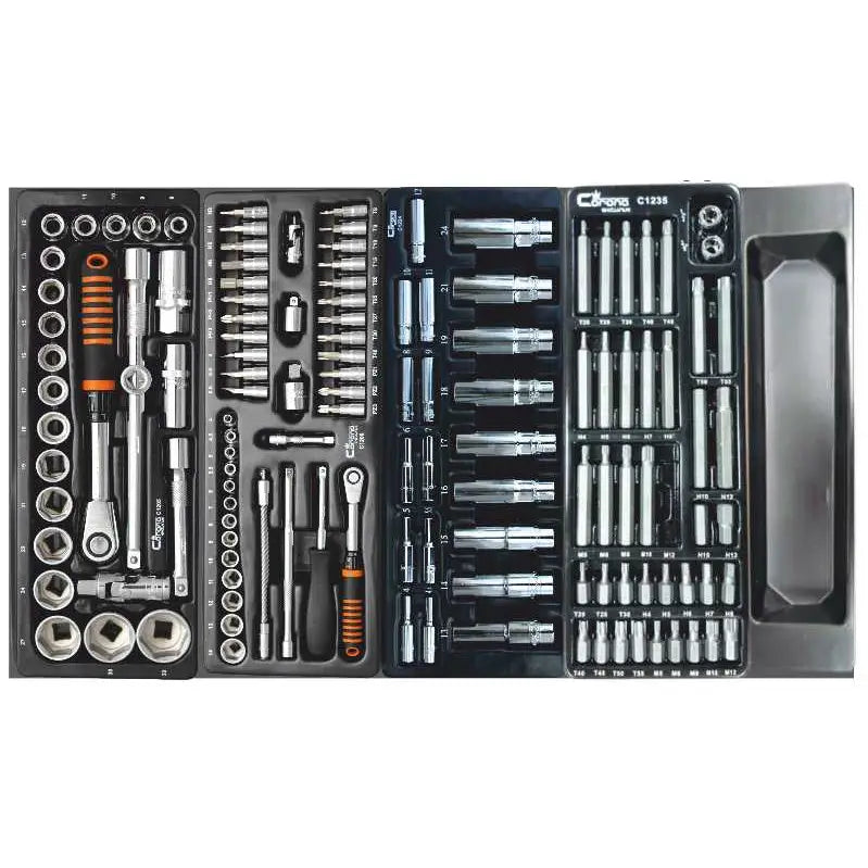 Corona C1313 verkstedsvogn, oversiktlig pipesett og bitssett i svart innlegg med oransje håndtaksdetaljer.