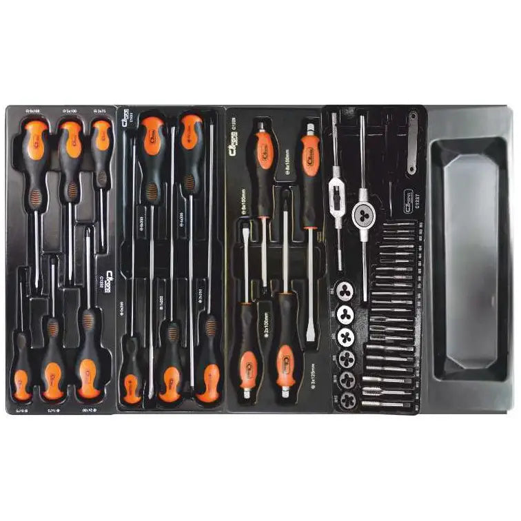 Sort plasthylster med skrutrekkere i svart og oransje, samt gjengesnitt og tilbehør, sett ovenfra.