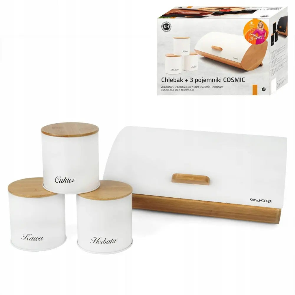 Cosmic bambus kjøkken sett med hvit brødboks og tre oppbevaringsbokser, sett skrått med trelokk.