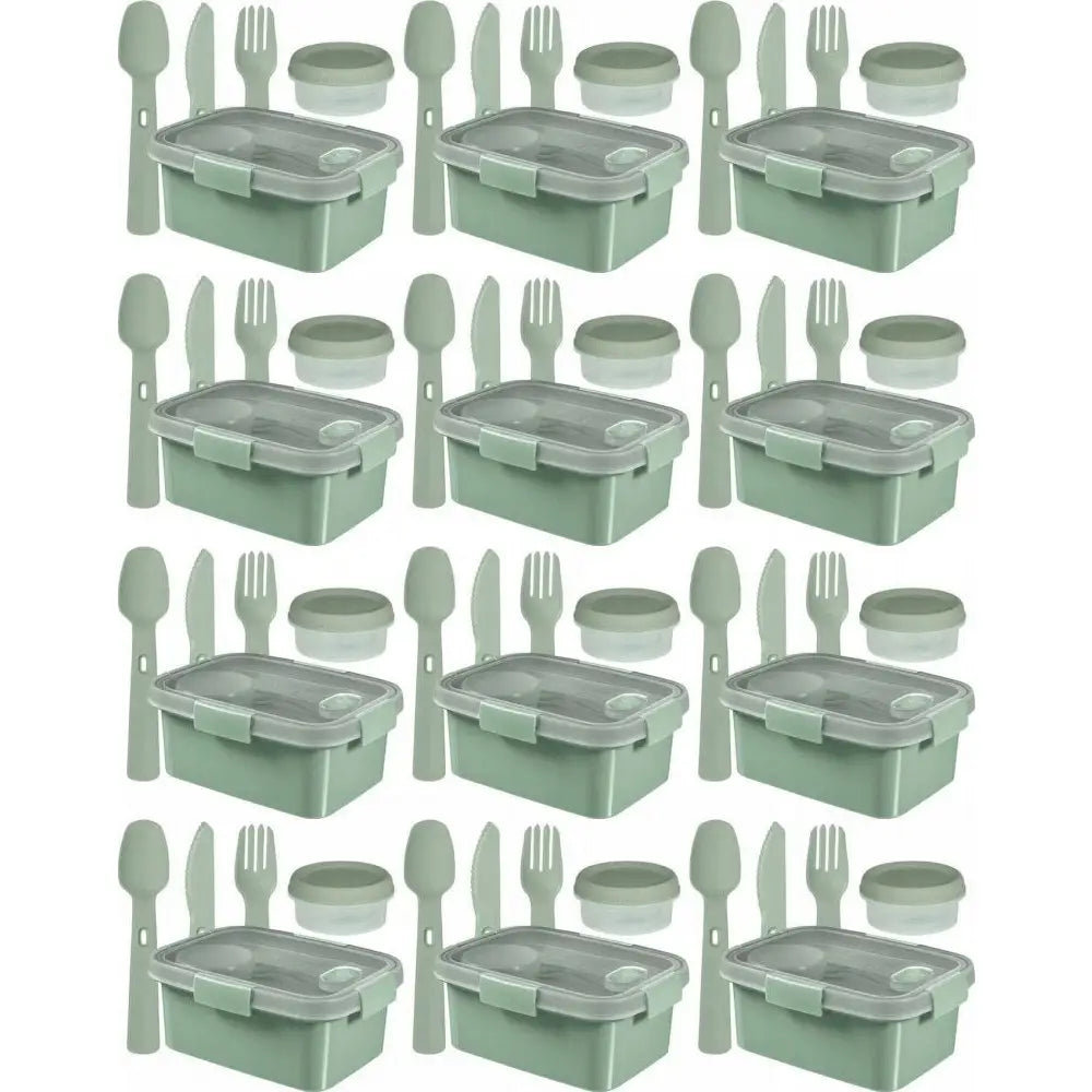 Curver matbokssett i grønn plast, skråvinkel som viser lokk, bestikk og liten rund boks, gjentatt i rutenett.