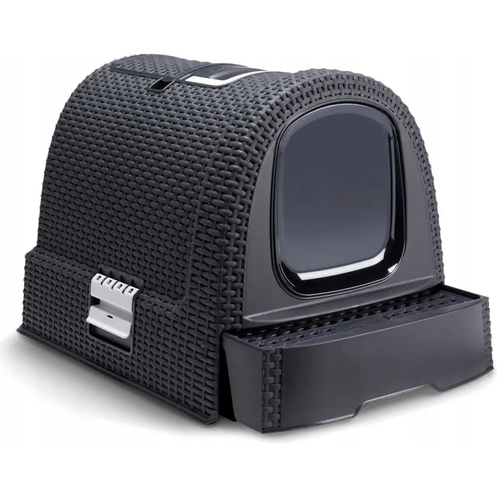 Curver Toalett Pet Life Antrasitt, mørkegrå kattetoalett med rottingstruktur, svingdør og uttrekkbar skuff sett skrått forfra.