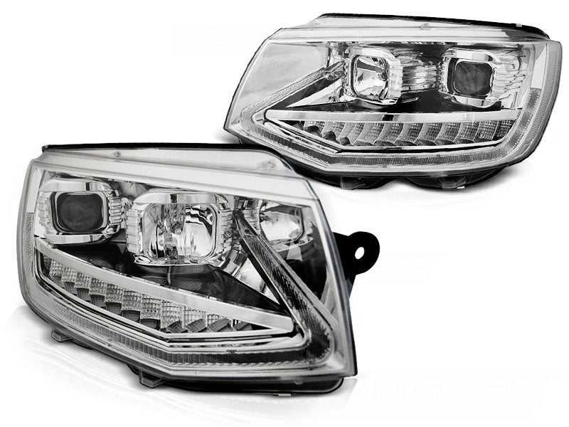Frontlykter Tube Light DRL til VW T6 15-19 sett rett forfra på hvit bakgrunn.