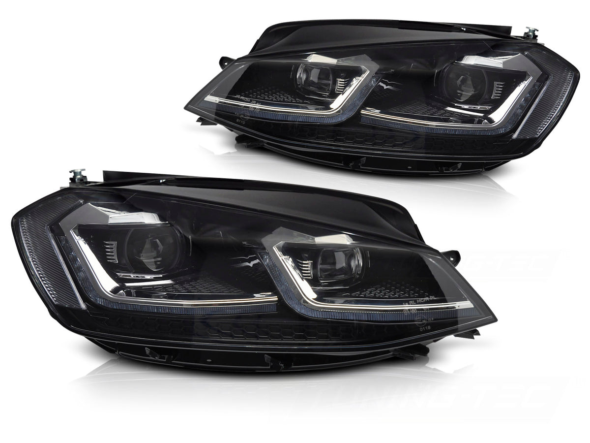 Frontlykter Full LED Silver Sequential DRL til VW Golf VII 17-19 sett rett forfra på hvit bakgrunn.