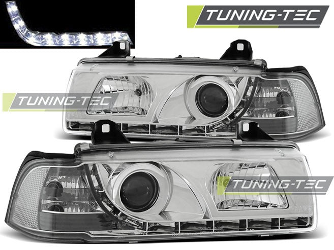 Detaljbilde av frontlykter BMW E36 90-99 med LED-detaljer.