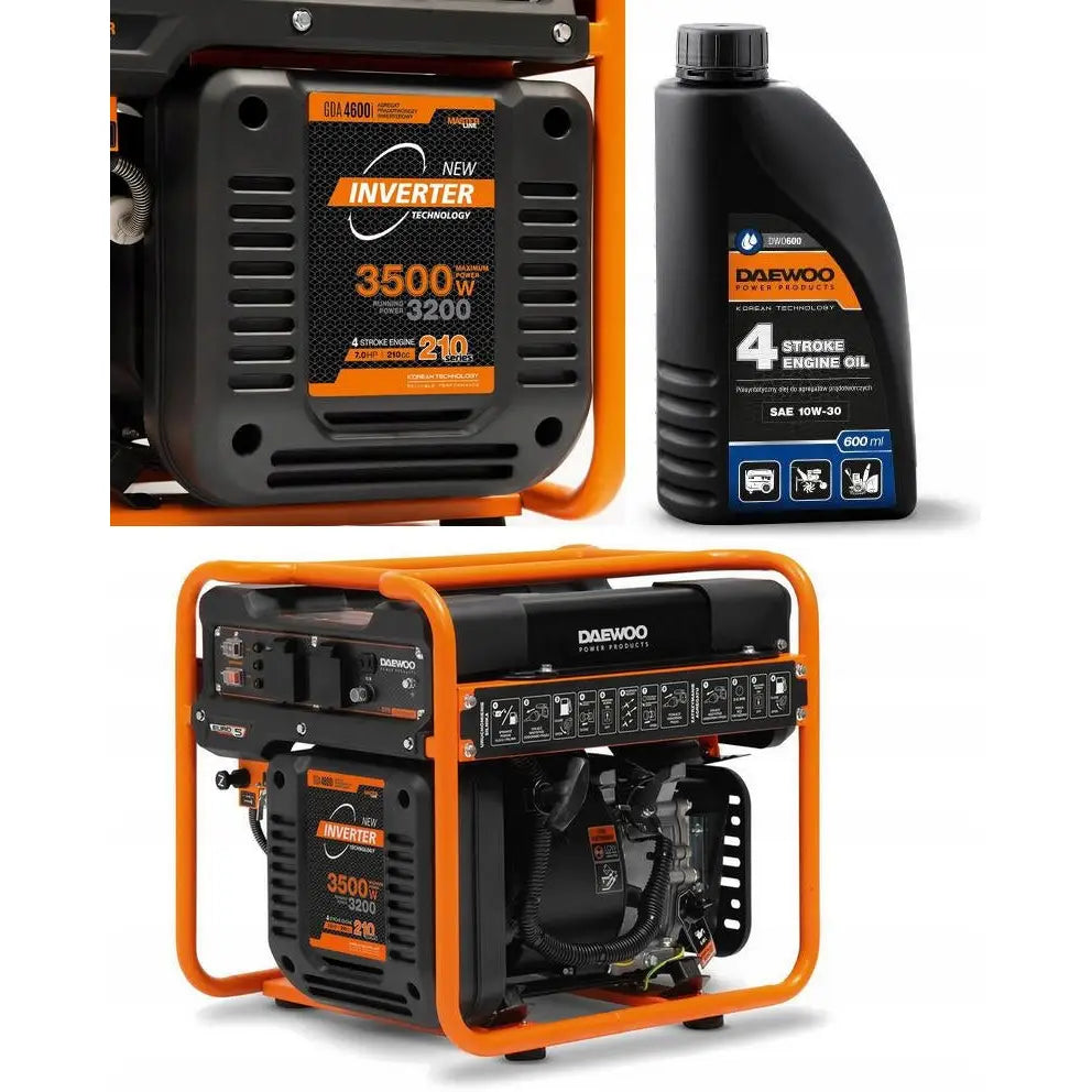 Daewoo GDA inverter strømaggregat med oransje ramme og svart motor, nærbilde sammen med motorolje.