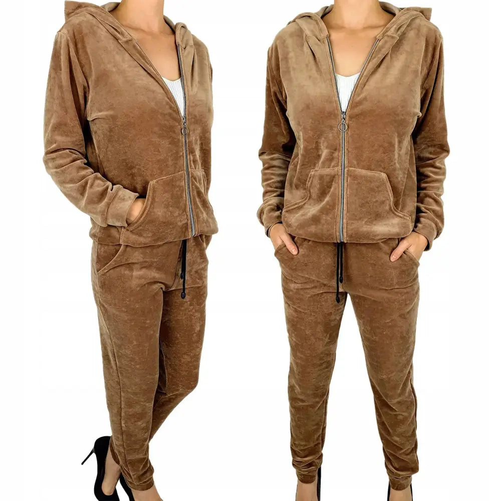 Dame Komfortabel Velur Joggedress Sett - Brun