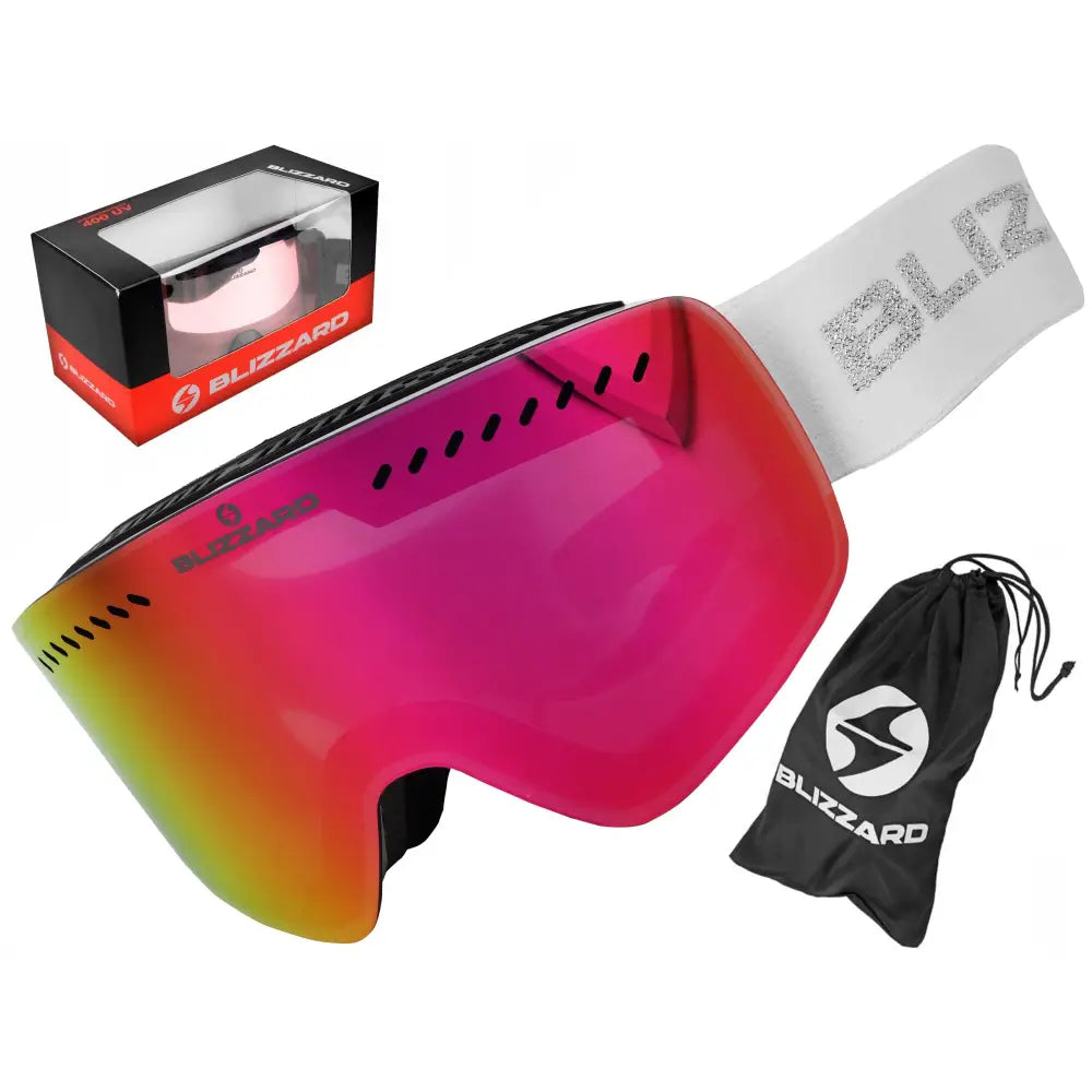 Dame skibriller Blizzard White med stor rosa-oransje speillinse, hvitt bånd, pose og original eske.