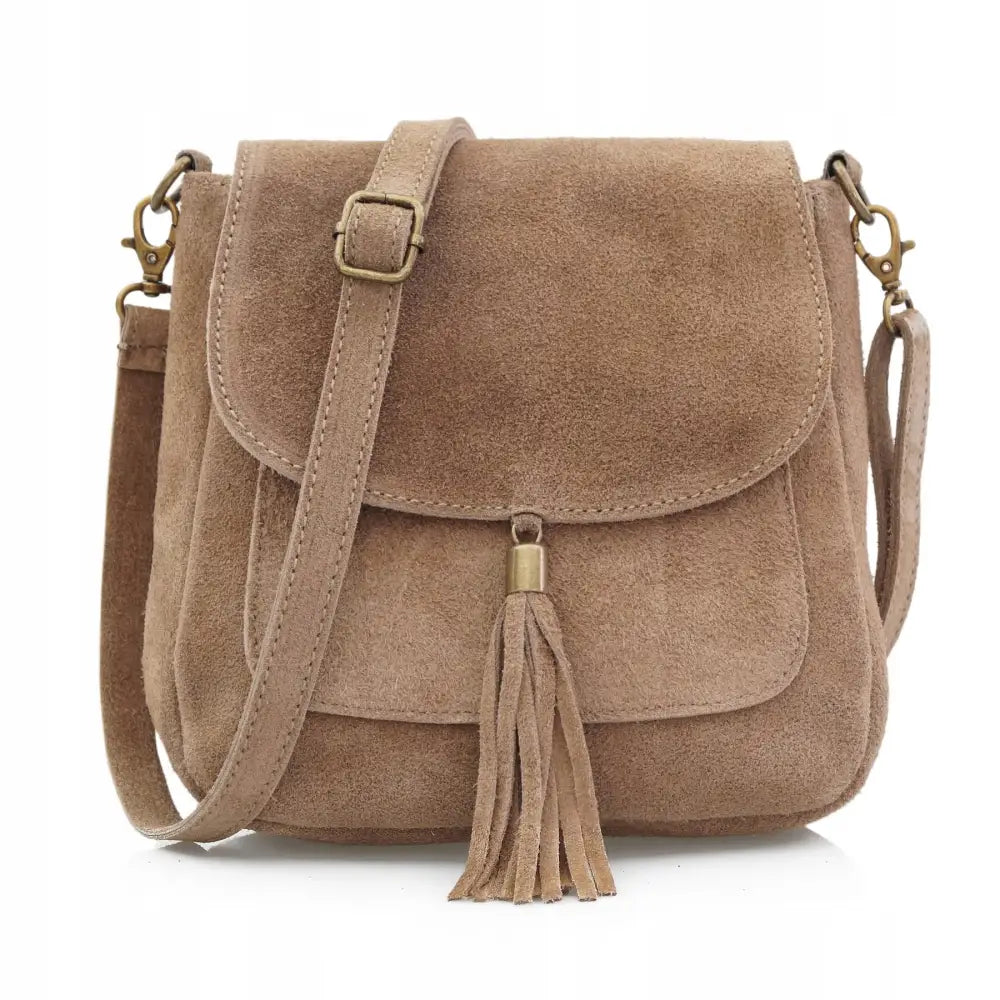 Dame Skulderveske i Semsket Skinn med Flap Taupe