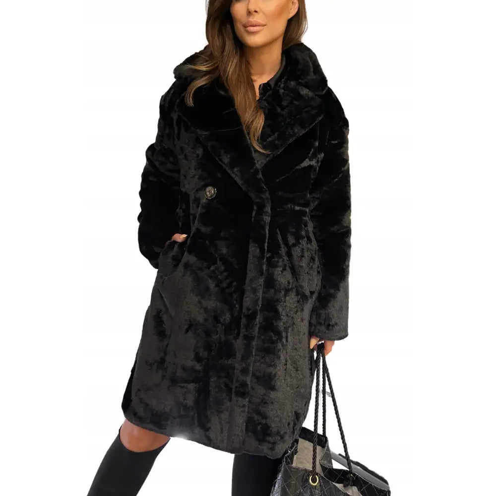 Dame Vinterjakke Lang Vinterfrakk med Fuskepels Sort Universal