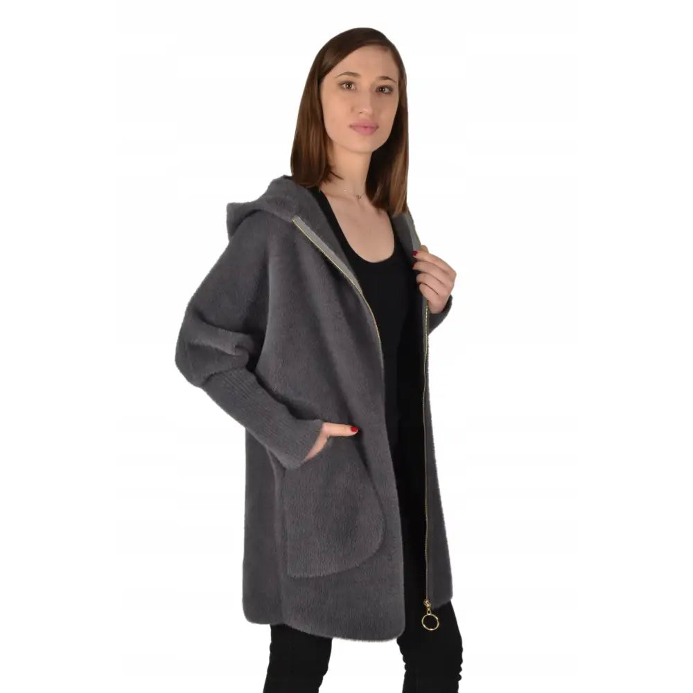 Damefrakk Alpakka Jakke med Hette og Glidelås