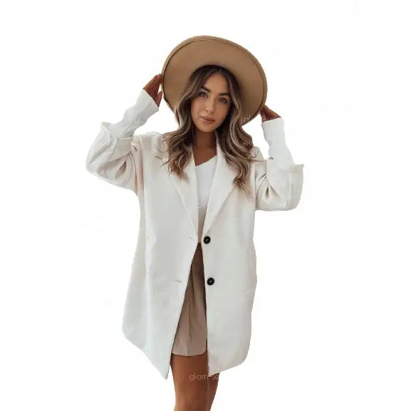 Damefrakk Ecrue Jakke med Knapper Lommer Langt Erme med Strikk