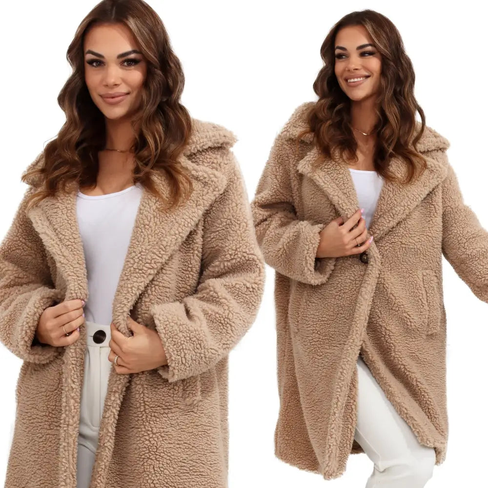 Damefrakk Parka Teddybjørn Fuskepels Varm Lang Vinter Beige