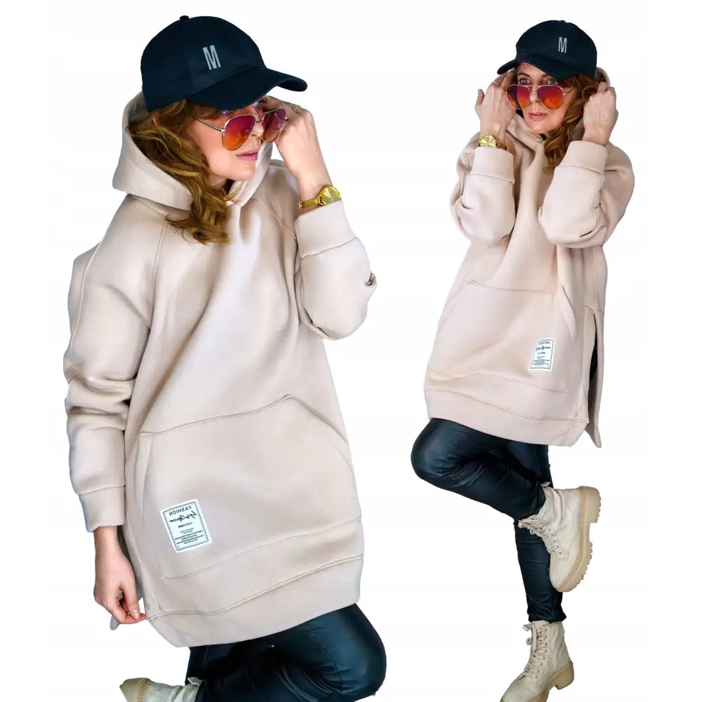 Damegenser med Hette i Kengurustil i Beige Farge Varm og Komfortabel Beige