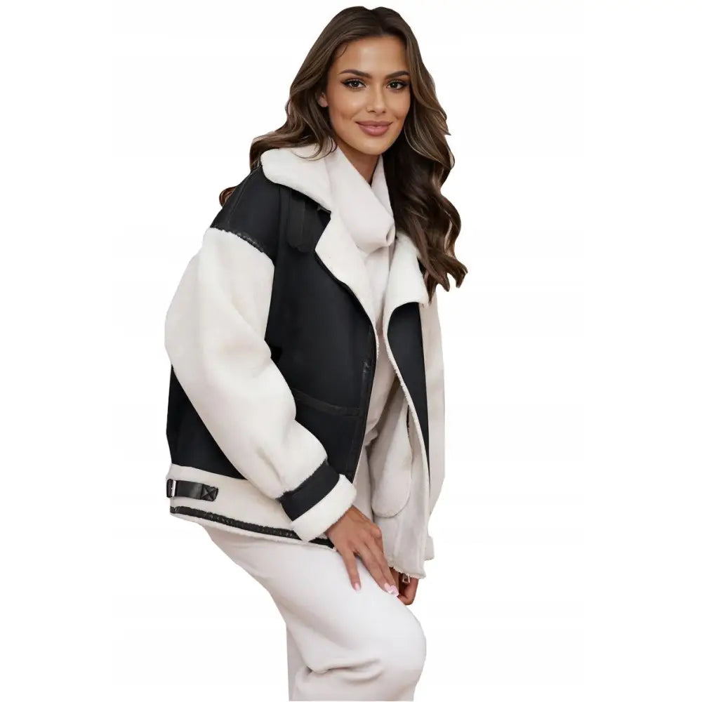 Damejakke i Lær med Fuskepels Kort Svart Varm