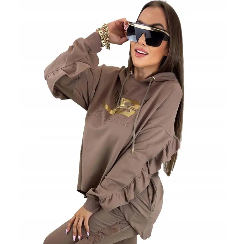 Damekjole Beige med Hette Bomullssett Hettegenser Joggebukser