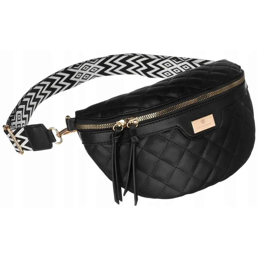 Dameveske i sort kunstlær, sidevisning med gullglidelås og sikk-sakk-mønstret justerbar reim.