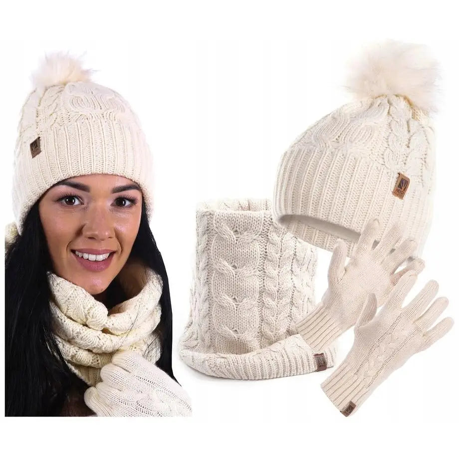 Damevinterlue med Pompon Skjerf og Hansker