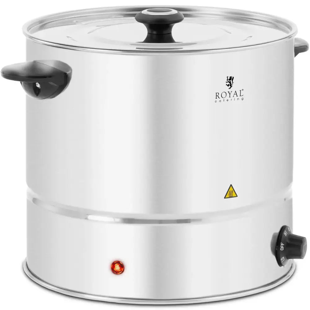 Dampkoker i rustfritt stål, skrå vinkel med sort lokkgrep, sidehåndtak og kontrollbryter nederst til høyre.