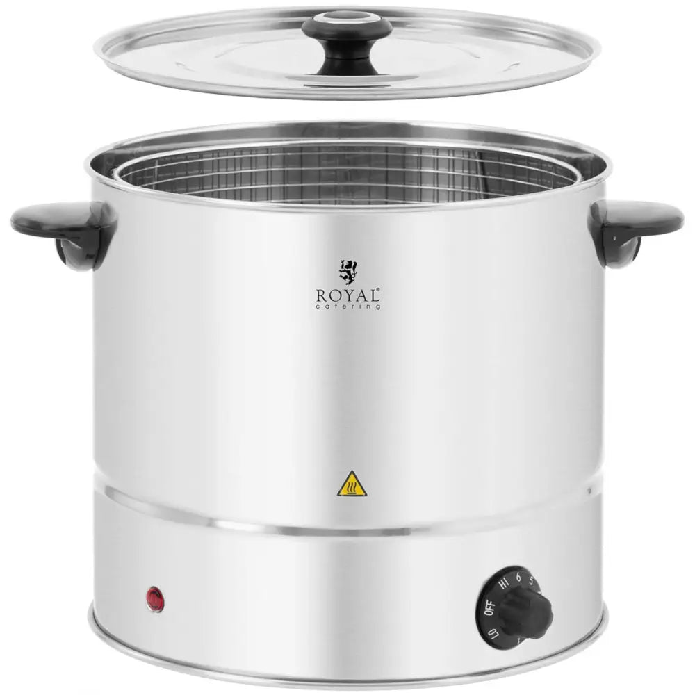 Dampkoker i rustfritt stål, frontvisning med åpent lokk, synlig innvendig rist, sidehåndtak og kontrollpanel.