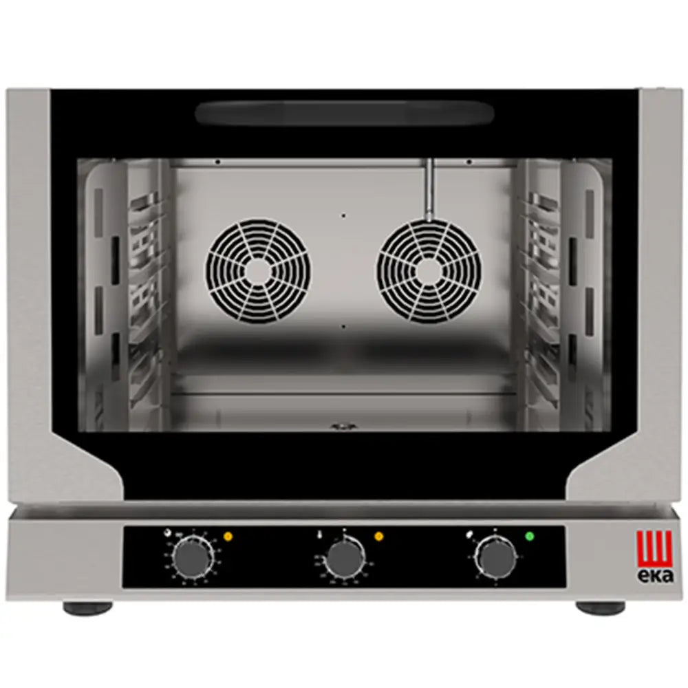 Dampkonveksjonsovn i rustfritt stål, frontvisning med stort glassvindu, tre brytere og to vifter synlig inni.