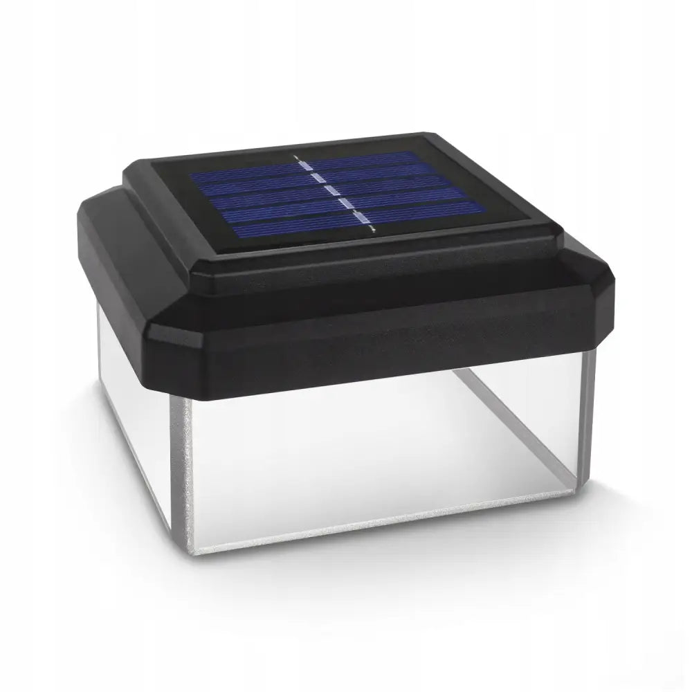 LED solcellelampe for stolpe med svart ramme, sett skrått ovenfra, synlig solcellepanel på toppen.