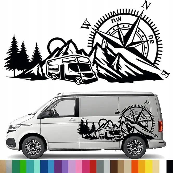 Dekal til Bobil Campingmotiv Kompass Fjell Vindrose Skog 90x177 |farge