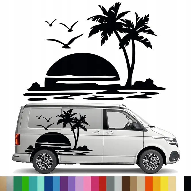 Dekalkunst til Bobil Bil Tilhenger Palmer Sol Sunset Beach 90x130