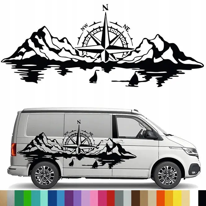 Dekalkunst til Bobil - Vindrose Kompass Fjell Innsjø Seilbåter 90x220