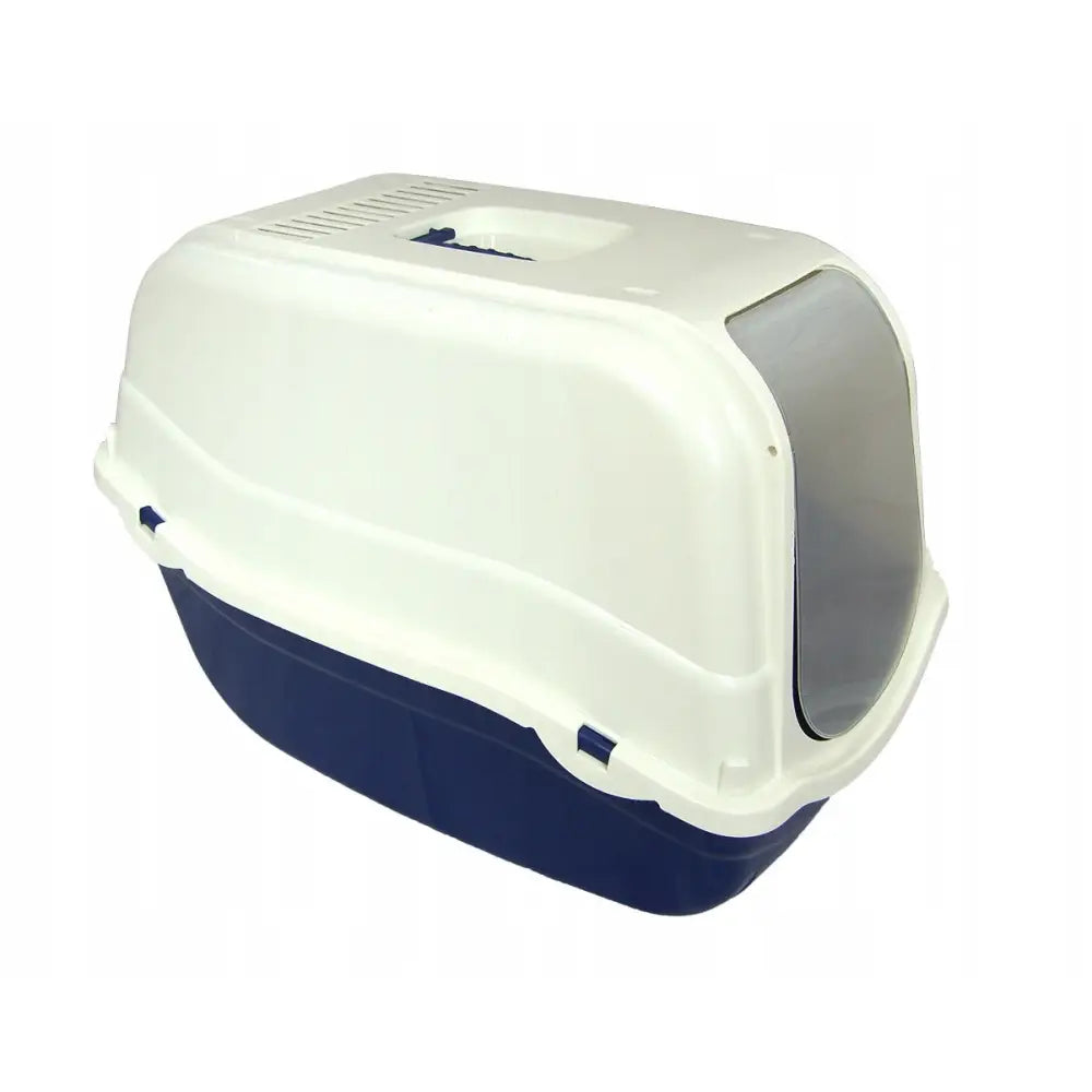 Dekket kattebakke Romeo med filter, hvit topp og mørkeblå bunn, sett skrått med bærehåndtak og svingdør.