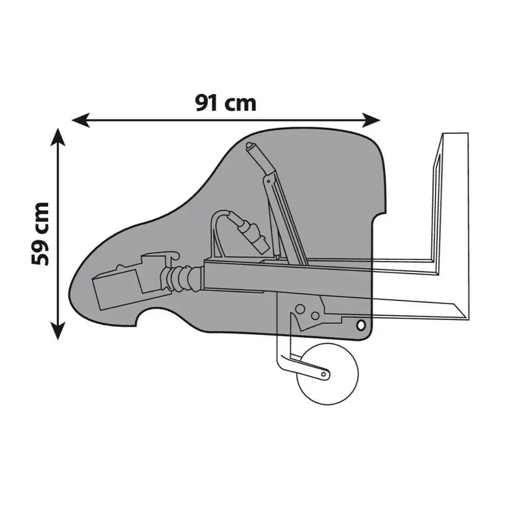 Deksel for påløpsbrems, teknisk sideprofil med mål og synlige komponentdetaljer i gråtoner.