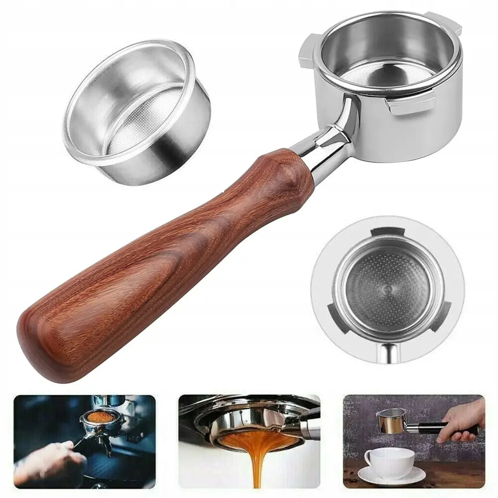 DeLonghi kaffefilterhåndtak 51mm med trehåndtak, skråvisning som fremhever utskiftbart filter og bruk i espressomaskin.