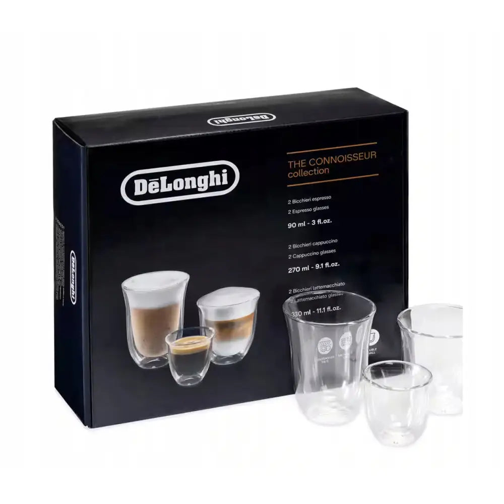 Delonghi Connoisseur glassett, tre doble glasskopper foran sort gaveeske med illustrasjoner og logo.