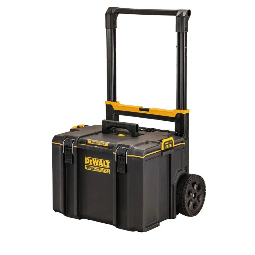 Dewalt mobilt tøff system vognsett, sort verktøykasse med gule detaljer, teleskophåndtak og hjul, skrå vinkel.