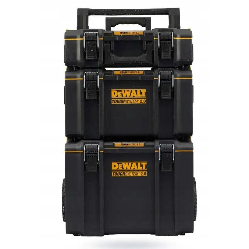 Dewalt mobilt tøff system vognsett, tre sorte verktøykasser med gule detaljer og hjul, frontvisning.