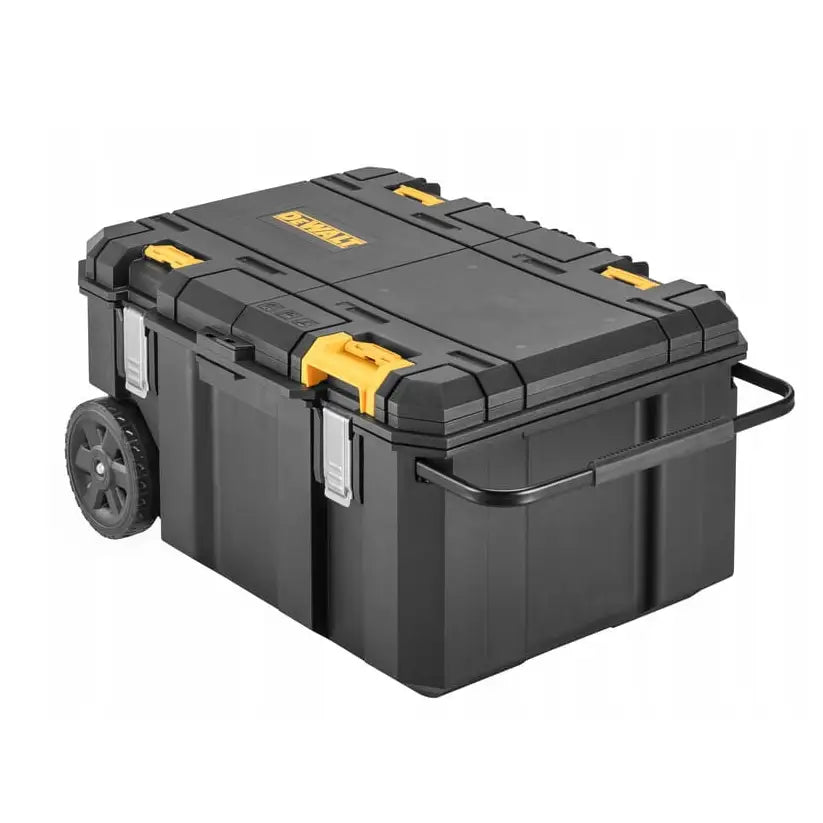 Dewalt Tstak verktøykoffert med to skuffer, hjul og uttrekkbart metallhåndtak, skrå vinkel.