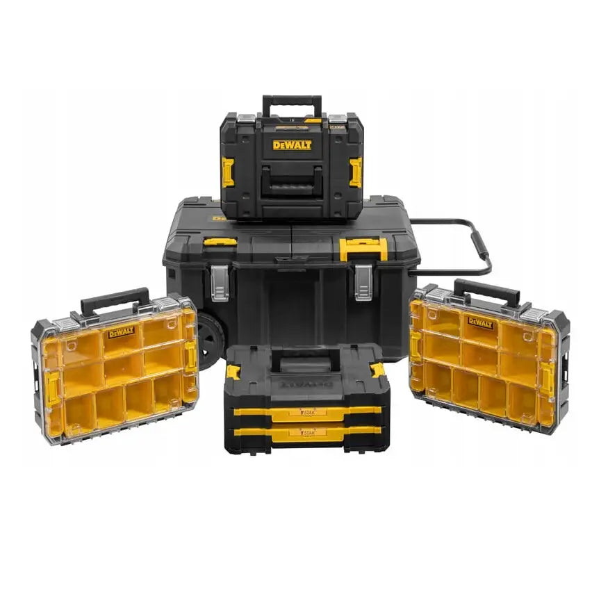 Dewalt Tstak verktøykasser, stablet med stor hjulkoffert, uttrekkbart håndtak og to klare organiseringsbokser.