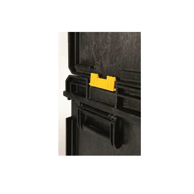 Dewalt Tough System verktøykasse, sidevisning med gult låsesystem og solid håndtak nederst.